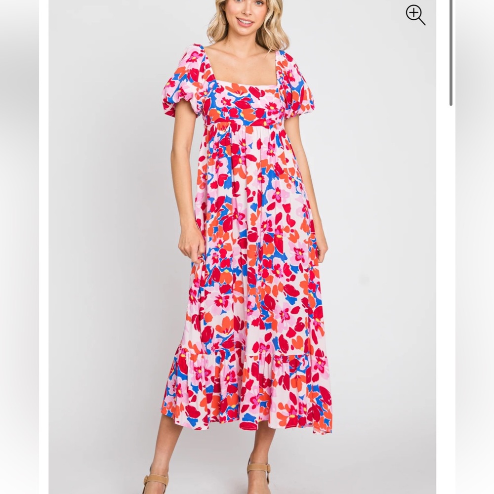 Fuchsia Floral Square Neck Short Puff Sleeve Midi Dress